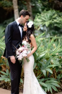 First look with bride and groom at the Big Island wedding